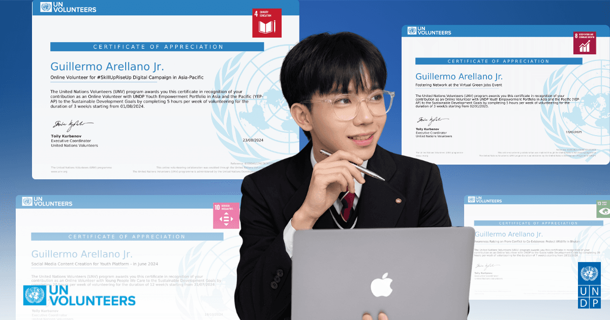 Certificates of appreciation from United Nations Volunteers recognizing Guiller's online volunteer contributions