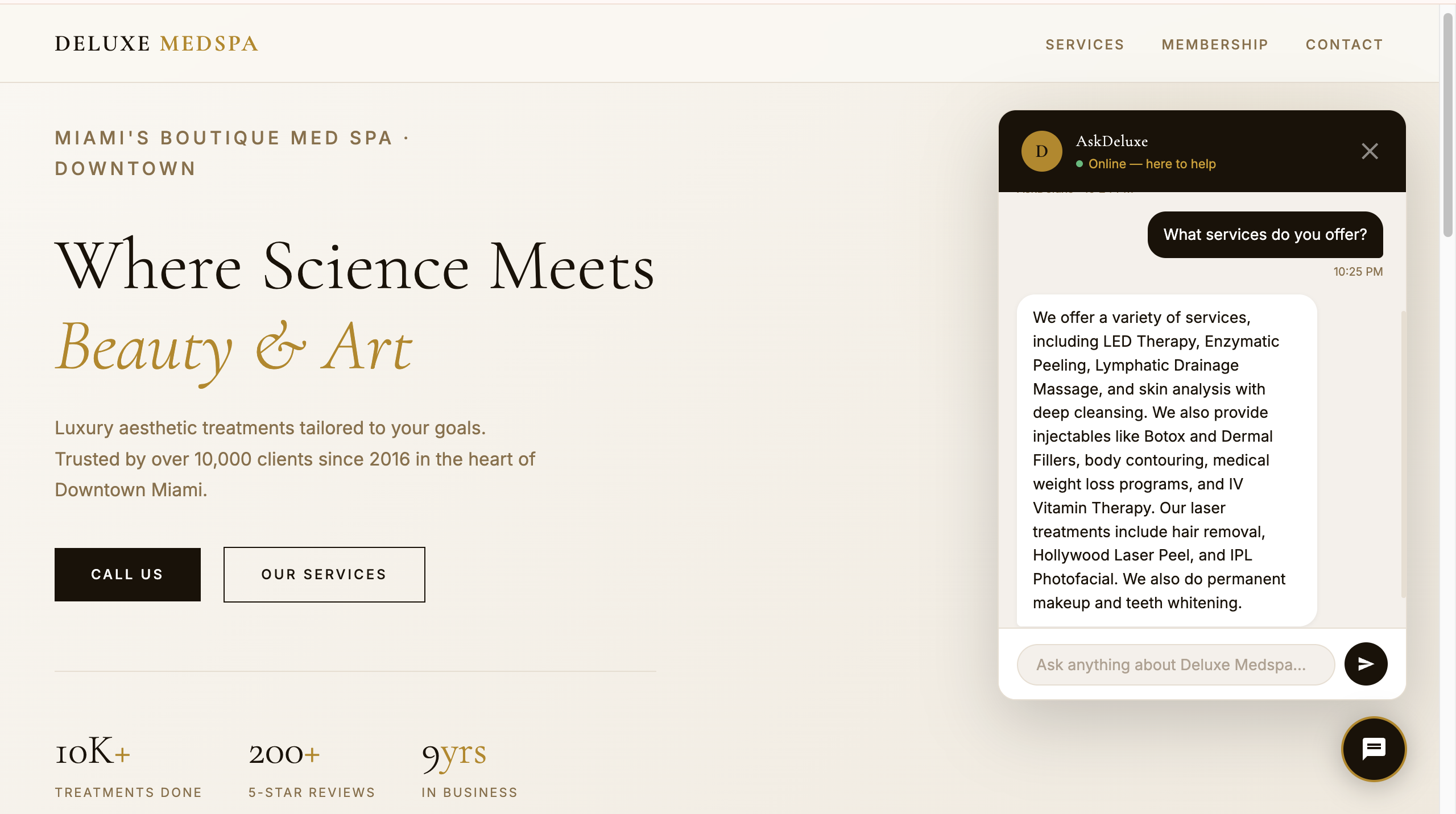 The chat widget live on the landing page, answering a real visitor question.